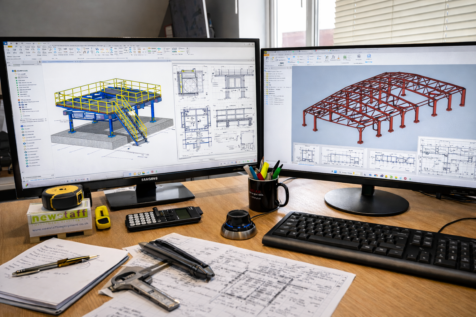 CAD-Design-Metalwork CAD design workstation with steel fabrication models and technical engineering drawings